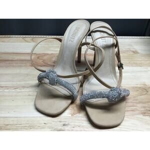 Schutz Peaky High Heel Sandals Women's 7.5 Light Beige Nubuck Embellished Bow